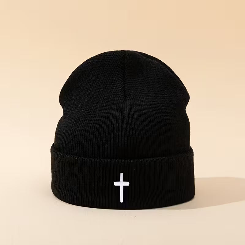 Cross Embroidered Knitted Beanie