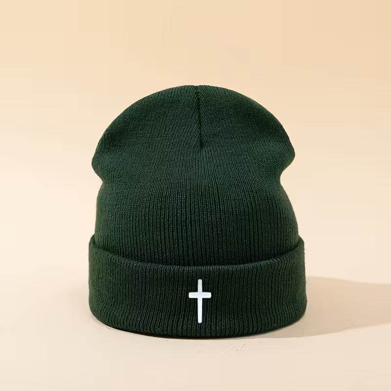 Cross Embroidered Knitted Beanie